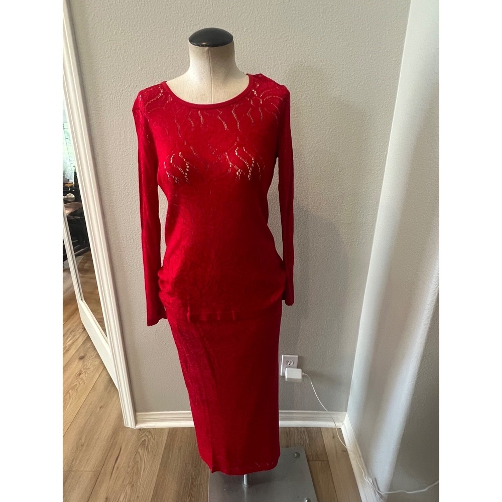 Sweet Pea by Stacy Frati Red Lace Dress Womens Long Sleeve Midi Stretch USA
